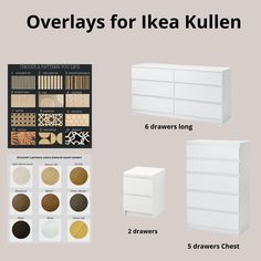 the ikea kullen dresser is shown with different colors and sizes, including brown, white