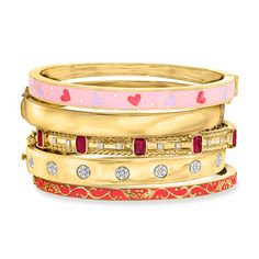 Ross-Simons - "Champs-Elysees Stack" of Five Bangle Bracelets Over Sterling. 8". An RS exclusive. Evoke luxurious romance with the warm, rosy hues of this "Champs-Elysees Stack" of five bangle bracelets. A charming homage to the City of Love itself, this 18kt yellow gold over sterling silver set includes: a pink and purple enamel heart bangle bracelet, a classic 18kt yellow gold over sterling silver bangle bracelet, a 1.50 ct. t. w. ruby and .15 ct. t. w. diamond bangle bracelet, a .33 ct. t. w. Luxury Red Stackable Jewelry, Luxury Valentine's Day Bangle Jewelry, Love Bracelet Stack, Cute Jewelry Bracelets, Bangle Stack, Heart Bangle Bracelet, Bracelet Stacks, Diamond Bangle Bracelet, City Of Love