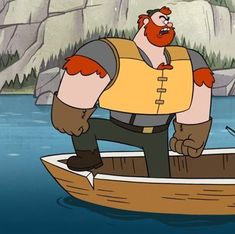 a cartoon character on a boat in the water