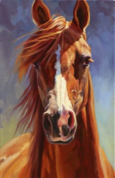 a painting of a brown horse with white stripes on it's face and head