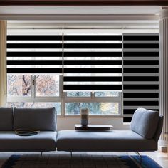 a living room with black and white blinds in it's window sill next to a couch