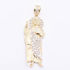 "Saint Lazarus with Halo CZ Textured Pendant Real 10K Yellow White Gold ALL SIZES * Metal : Real 10K Yellow White Gold (Properly Stamped, 10K) * Condition : Brand New * Finish : Polished * Avg Weight : #1 10.47gr #2 6.66gr #3 3.15gr * Length : #1 3\" #2 2 1/2\" #3 1 3/4\" * Width : #1 1\" #2 3/4\" #3 Just under 5/8\" * Clasp/Bail : #1 8mm #2 8mm #3 5mm All of our items are brand new and are shipped with a gift box." Spiritual Yellow Gold Crucifix Necklace, Saint Lazarus, Gold-plated Yellow Gold Crucifix Necklace, 1 2 3, Yellow White, Halo, Lion Sculpture, Jewelry Necklace Pendant, Gift Box