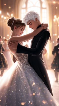 an image of a man and woman in wedding dress dancing together with sparkles all around them