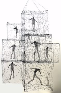 an artistic sculpture made out of wire with people in the center and one person on top