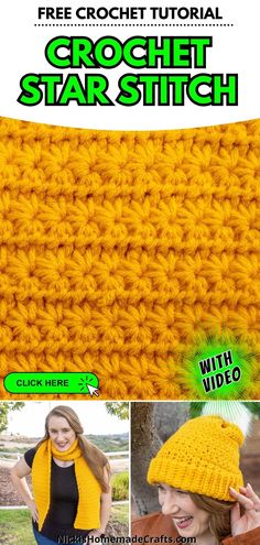 the crochet star stitch scarf is shown with instructions to make it easy and fun