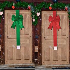 three wooden doors decorated with christmas bows and hearts are shown in front of the door