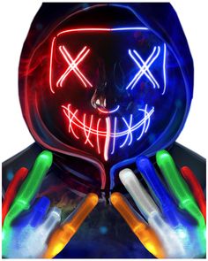 a person wearing a mask with neon lights on their face and hands in front of them