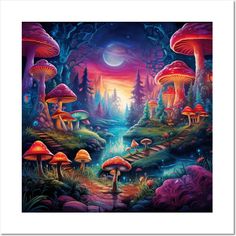 a painting of mushrooms in the forest at night