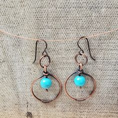 Artisan Small Hoop Copper Jewelry, Copper Wire Drop Earrings With Matching Set, Artisan Copper Wire Drop Earrings, Copper Wire Dangle Earrings, Handmade Copper Drop Earrings, Handmade Copper Wire Jewelry With Round Beads, Copper Wire Dangle Jewelry Gift, Artisan Copper Wire Dangle Jewelry, Adjustable Circle-shaped Hand Forged Jewelry