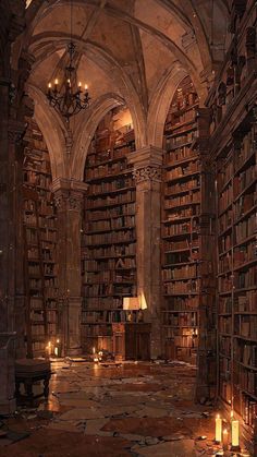 an old library filled with lots of books next to a chandelier full of candles