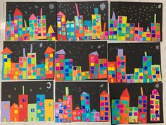 four pieces of art made to look like cityscapes with buildings and stars in the sky