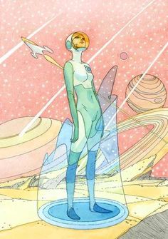 an illustration of a woman standing in front of planets