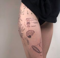 a woman's leg with tattoos on it and various parts of the body behind her