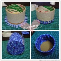 four pictures showing how to make a paper mache hat with yarn and buttons on it