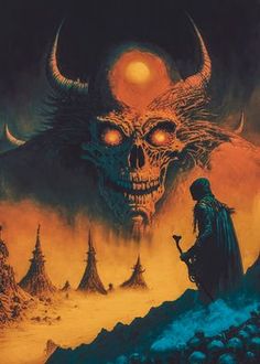 a painting of a demon with horns on it's head standing in front of a mountain