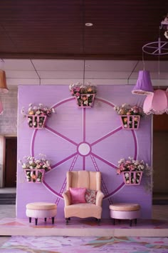 a chair and ottoman in front of a purple wall with flower pots on the top