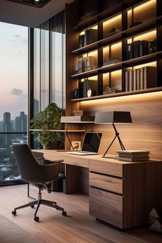 a desk with a laptop on it in front of a large window overlooking the city