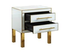 a white and gold nightstand with two drawers on one side, an open drawer in the other