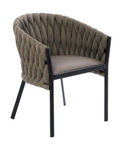 an upholstered chair with a black frame