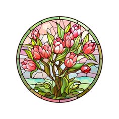 a round stained glass window with pink flowers