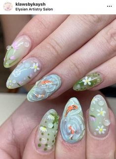 Painted Press On Nails, Koi Nails Designs, Koi Fish Nails Acrylic, Fish Tank Nails, Animal Acrylic Nails, Fish Themed Nails, Koi Nail Art, Jelly Fish Nails Art, Coy Fish Nails