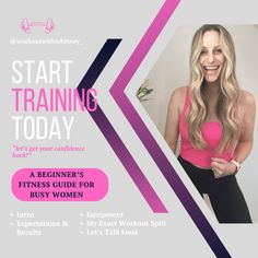 a woman in pink shirt and black pants with text that reads start training today, a beginner's fitness guide for busy women