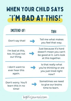 an info sheet with the words when your child says i'm bad at this