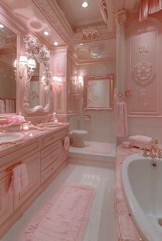 a bathroom with pink walls and flooring is pictured in this image, it has a large mirror on the wall above the bathtub