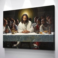 a painting of jesus sitting at a table surrounded by other people, with the light shining on him