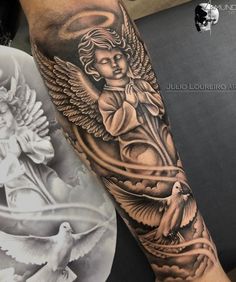 an angel tattoo on the right arm and left arm is shown in black and white