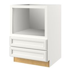 a white cabinet with two drawers on the bottom and one drawer in the middle, against a white background