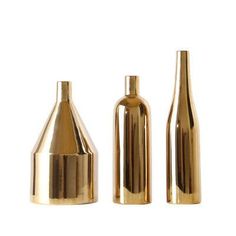 three brass vases are shown on a white background, one is empty and the other has