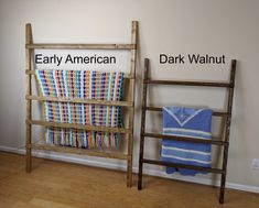 two wooden ladders with blankets on them in front of a wall that says early american and dark walnut