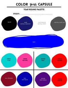 the color chart for different shades of blue, red and green with text overlaying it