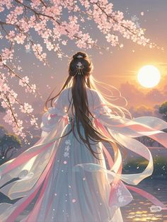 a woman with long hair standing in front of a river under a cherry blossom tree