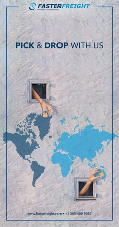 an advertisement for fast freight with hands reaching out the window to touch the world map