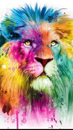 a colorful lion's face with blue, yellow and pink paint splattered on it