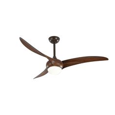 a ceiling fan that is brown and has two light bulbs on the top of it