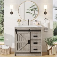 a bathroom vanity with a mirror above it and drawers underneath the sink, along with baskets on the floor