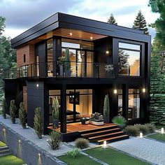 this is an artist's rendering of a modern house in the woods at night