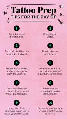 a pink poster with the words tattoo prep tips for the day of