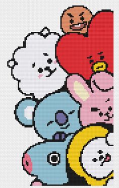 a cross stitch pattern with teddy bears and hearts on top of each other, all in different colors