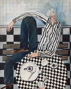 a painting of a man sitting on top of a checkered table