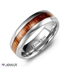 men's wedding band with wood inlay and polished finish, made from stainless steel