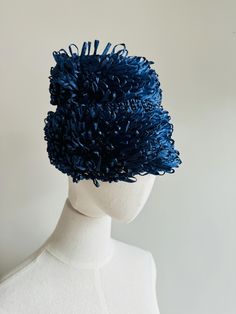 Hand made in Italy of synthetic straw Fabulous 60s era woven loop blue hat About 20" circumference and 5"height Blue Fitted Fascinator For Beach, Blue Straw Hat With Short Brim, Blue Fitted Wide Brim Cloche Hat, Fitted Blue Straw Hat With Short Brim, Blue Fitted Wide Brim Straw Hat, Blue Curved Brim Fascinator For The Beach, Blue Wide Brim Cloche Hat, Blue Curved Brim Fascinator For Beach, Blue Straw Hats For Spring