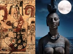 an image of two ancient paintings in the night and one with a woman's headdress