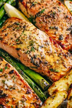 grilled salmon and asparagus in a pan