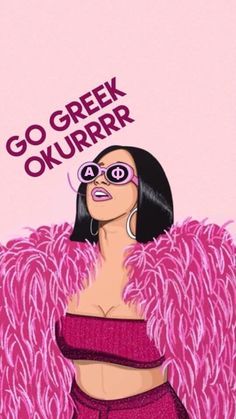 a woman with pink feathers on her body and sunglasses in front of a pink background that says go greek okurrrr