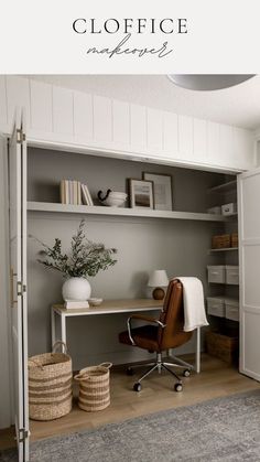 Office In Cupboard, Small Space Home Office Ideas, Redo Closet, Basement Office Ideas, Closet Turned Office, Cupboard Desk, Closet Conversion, Wfh Office