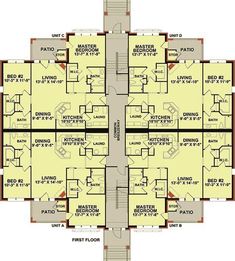 the floor plan for an apartment building with multiple levels and four floors, all in different colors